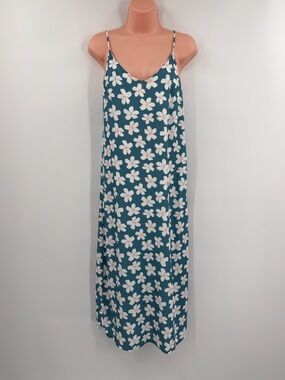 Lokahi Swimwear Hibiscus Floral V Neck Slip Midi Dress | Teal White | Small